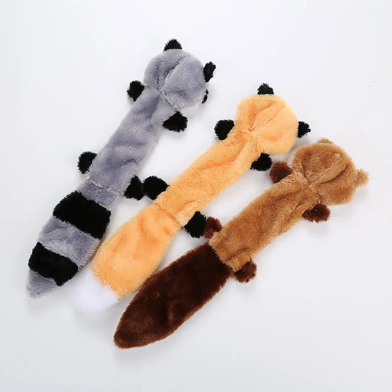 Brown plush dog toy with squeaker next to carrot-coloured version