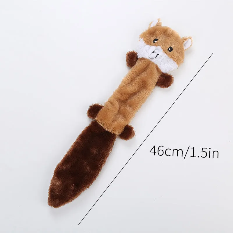 Brown plush dog toy with squeaker next to carrot-coloured version