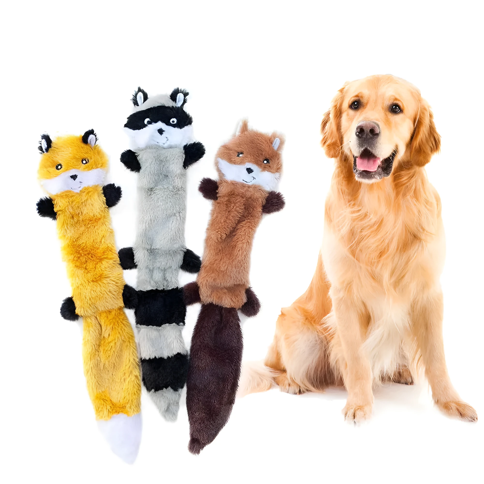 Brown plush dog toy with squeaker next to carrot-coloured version