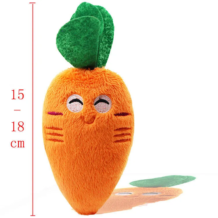 Brown plush dog toy with squeaker next to carrot-coloured version