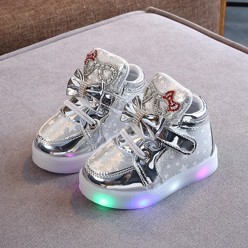 Children's LED light up shoes with magic button in golden, pink, and silvery colours