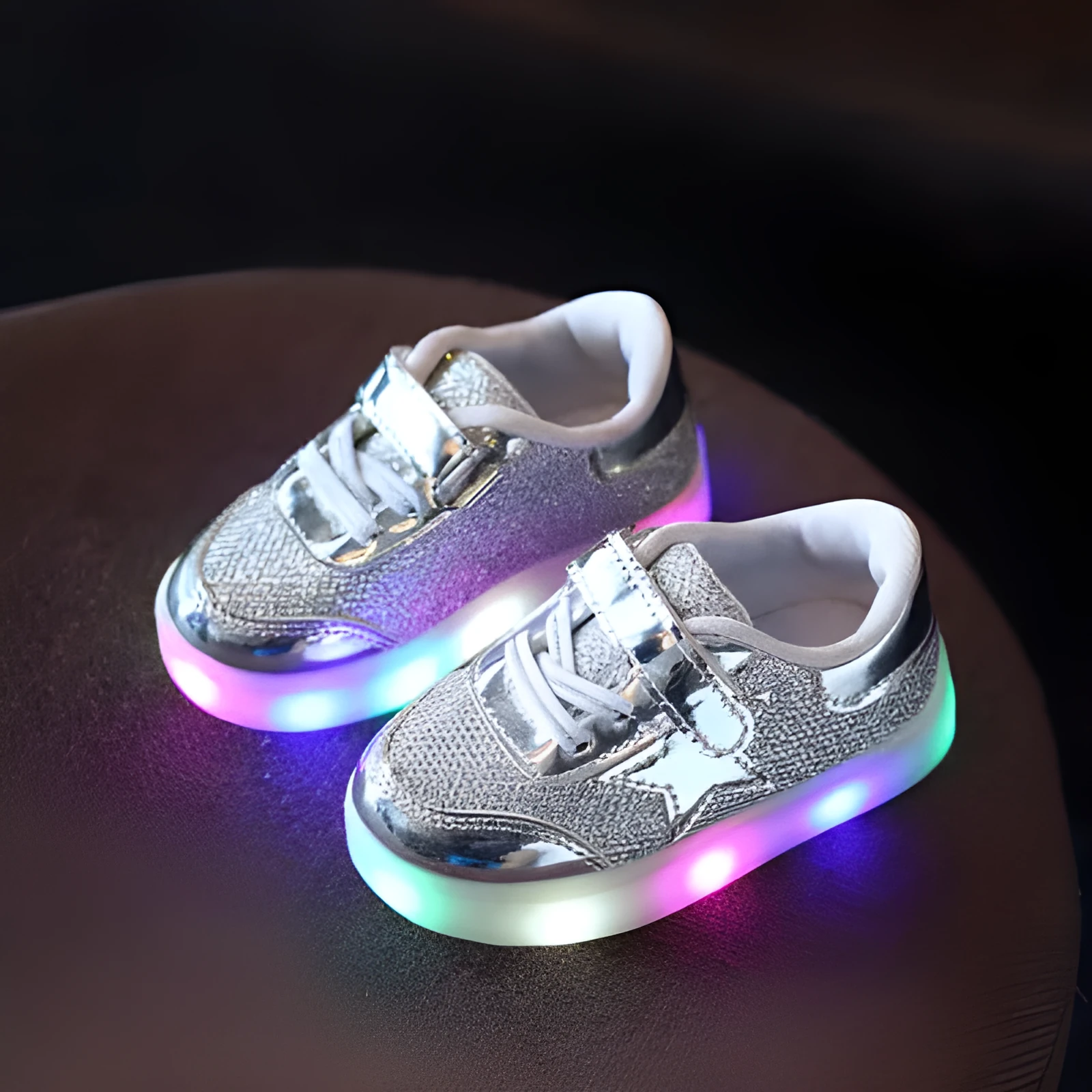 Children's LED light up shoes with magic button in golden, pink, and silvery colours