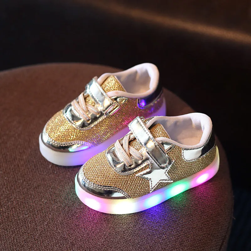 Children's LED light up shoes with magic button in golden, pink, and silvery colours
