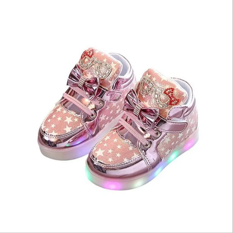 Children's LED light up shoes with magic button in golden, pink, and silvery colours