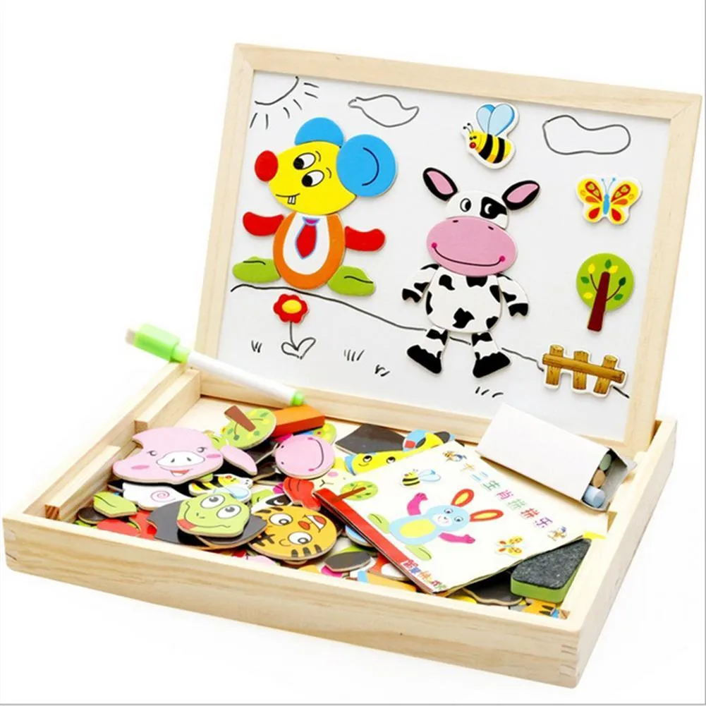 Wooden magnetic puzzle board with animal and circus theme pieces for children's educational play