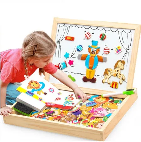 Wooden magnetic puzzle board with animal and circus theme pieces for children's educational play