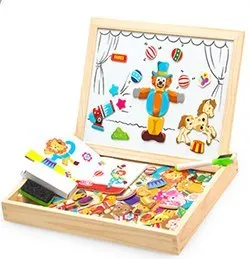 Wooden magnetic puzzle board with animal and circus theme pieces for children's educational play