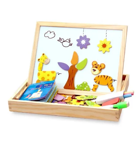 Wooden magnetic puzzle board with animal and circus theme pieces for children's educational play