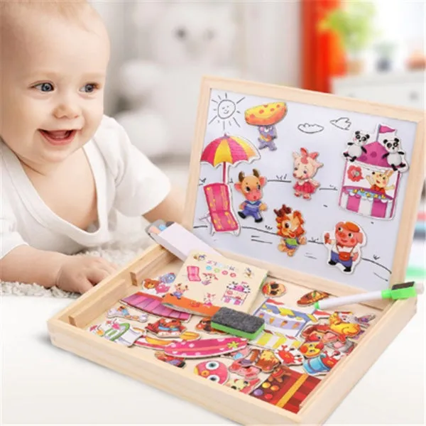 Wooden magnetic puzzle board with animal and circus theme pieces for children's educational play