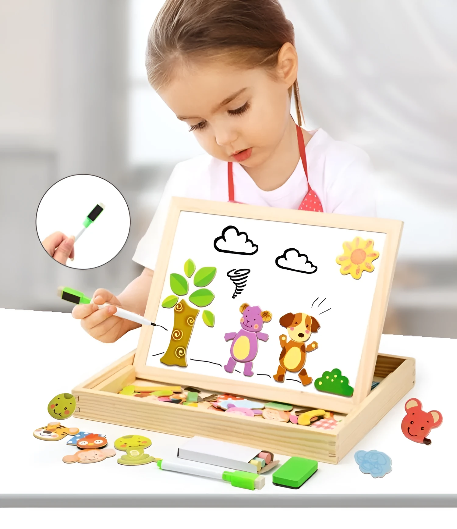 Wooden magnetic puzzle board with animal and circus theme pieces for children's educational play