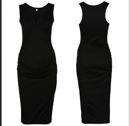 Sleeveless maternity dress with deep V-neck in solid black or grey polyester for pregnant women