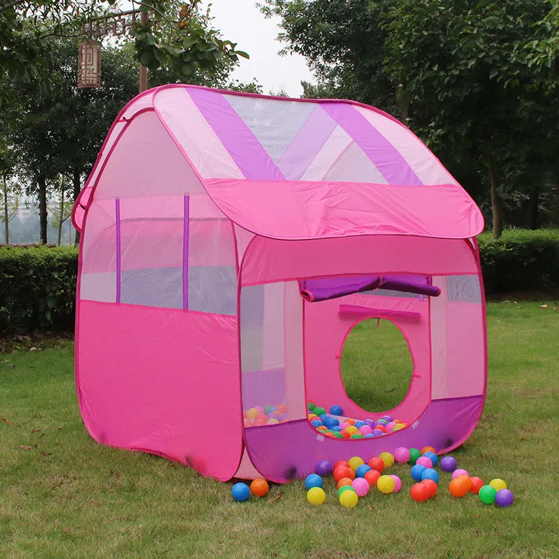Large blue outdoor children's play tent in a garden with roll-up curtain.