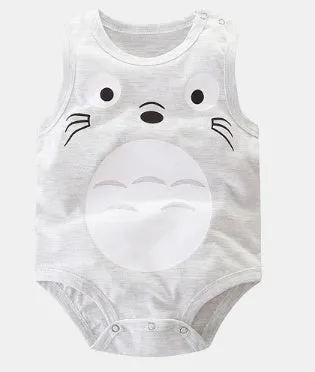Sleeveless baby vest romper in cotton with colourful animal and character prints for infants
