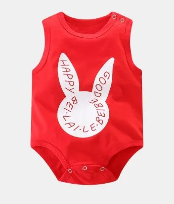 Sleeveless baby vest romper in cotton with colourful animal and character prints for infants