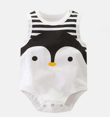 Sleeveless baby vest romper in cotton with colourful animal and character prints for infants
