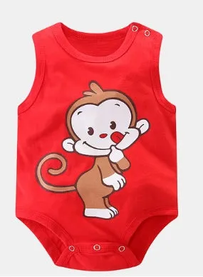 Sleeveless baby vest romper in cotton with colourful animal and character prints for infants