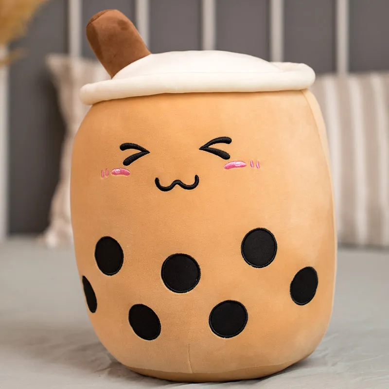 Brown boba milk tea plushie toy with fruit shape on a white background