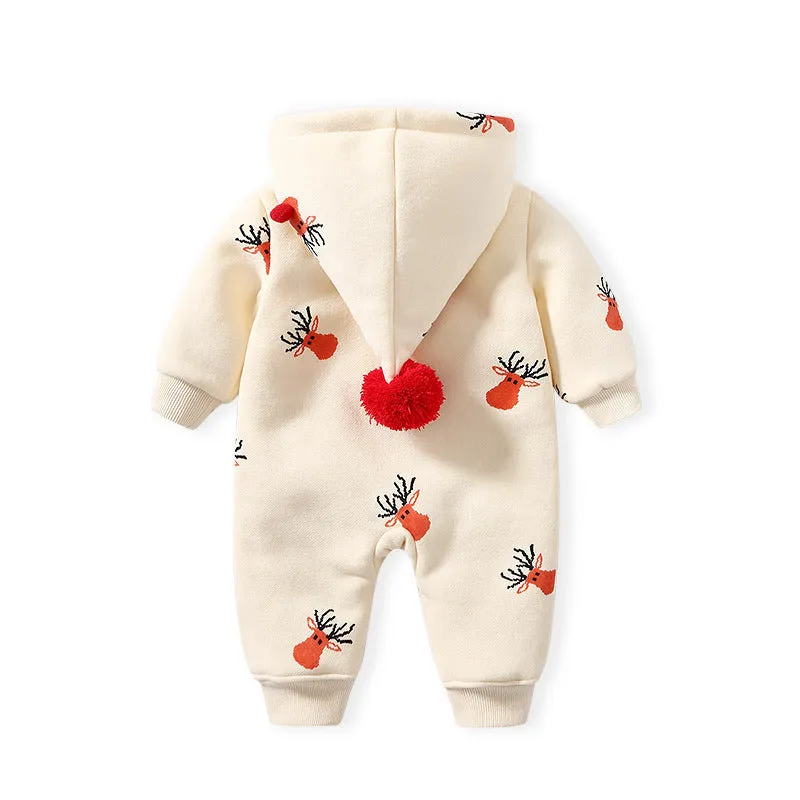 Khaki baby crawling suit with Christmas moose pattern, padded cotton construction, long sleeves