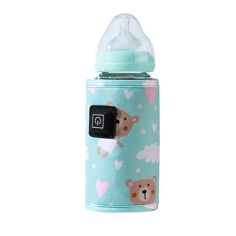 USB baby bottle warmer and cooler bag in blue dinosaur design with composite velvet construction