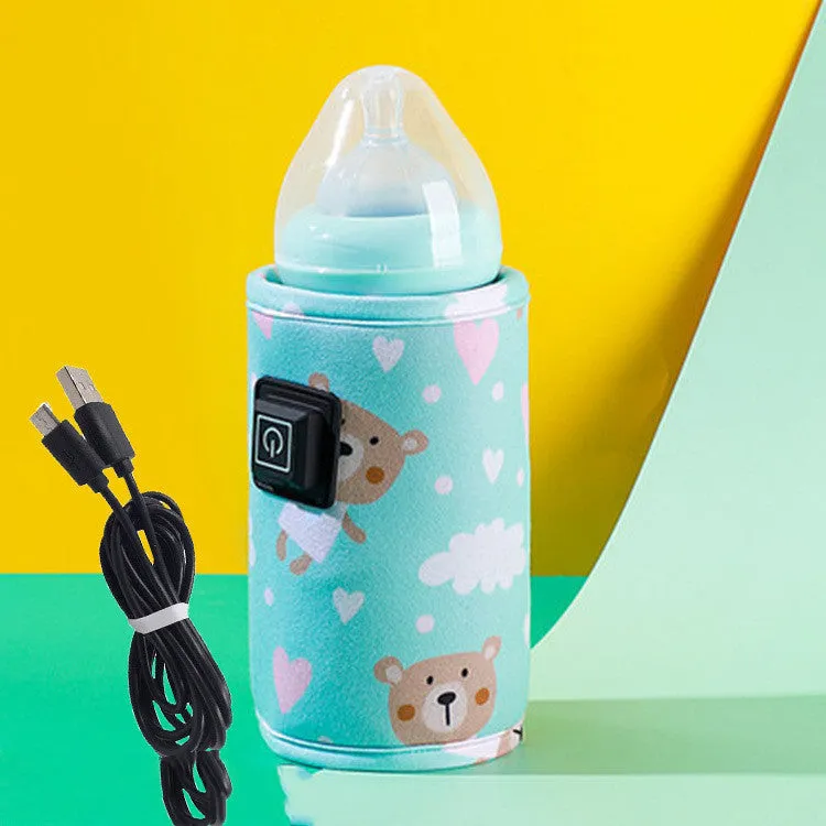 USB baby bottle warmer and cooler bag in blue dinosaur design with composite velvet construction