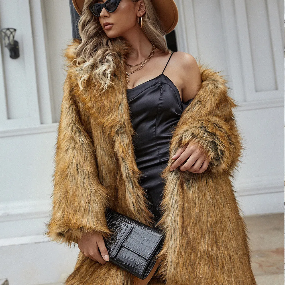 Yellow women's long faux fur coat on a hanger, showing loose fit and regular sleeves.