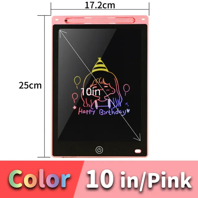 LCD drawing tablet with plastic stylus on colour screen showing child's drawing