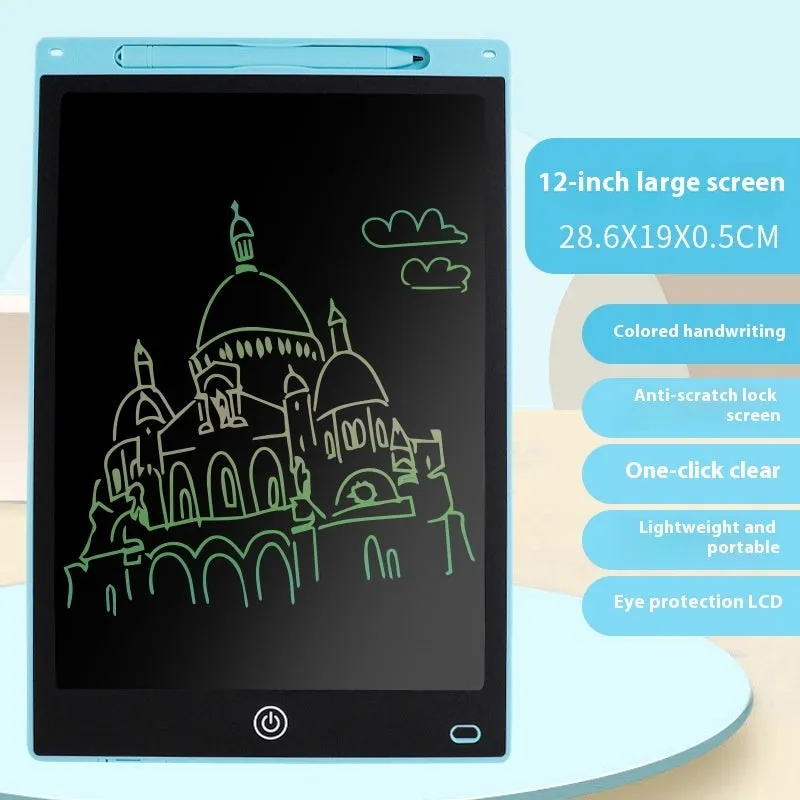 LCD drawing tablet with plastic stylus on colour screen showing child's drawing