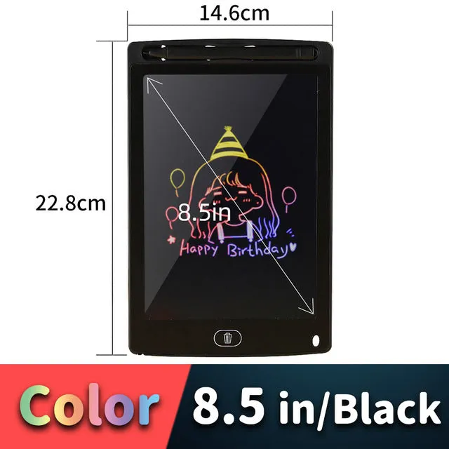 LCD drawing tablet with plastic stylus on colour screen showing child's drawing