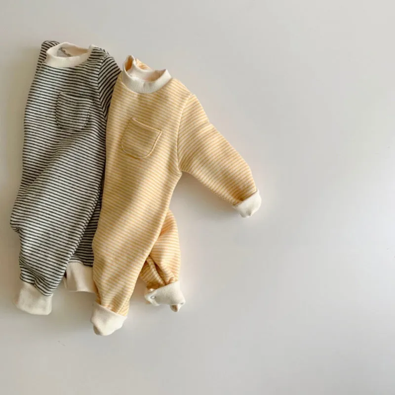 Striped cotton baby jumpsuit with long sleeves and hidden buttons for infant autumn winter wear