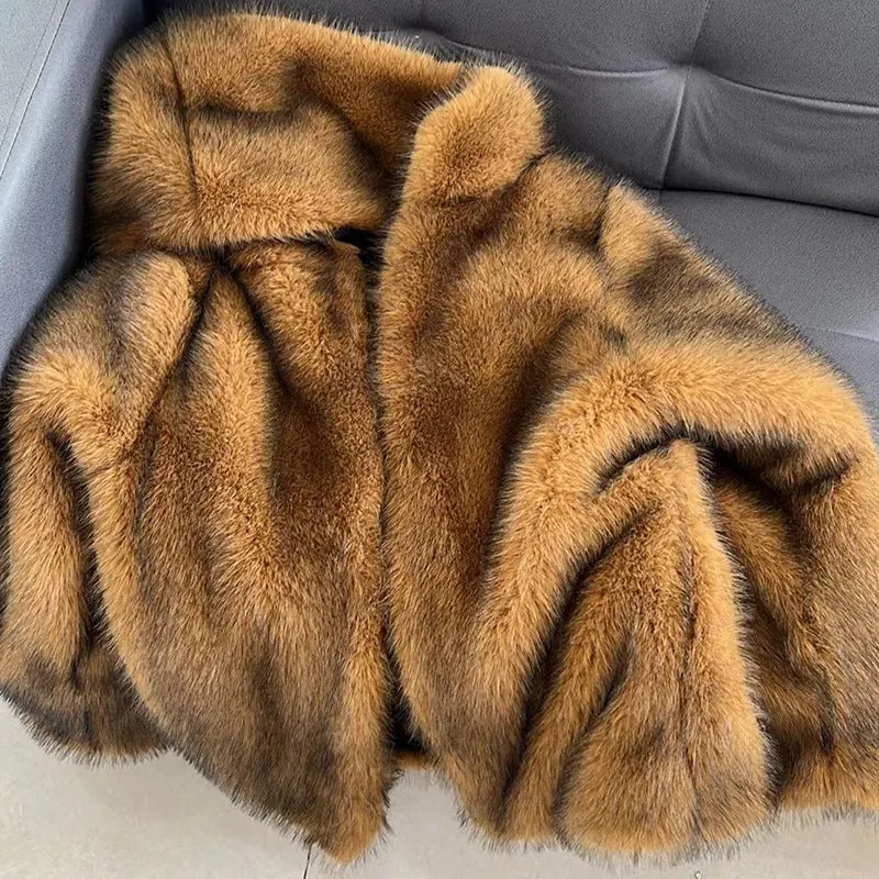Women's silver grey artificial fur coat with a loose, mid-length design