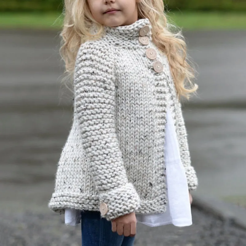 Beige long sleeve cardigan for girls with single-breasted front, made from a knitted rabbit hair blend.