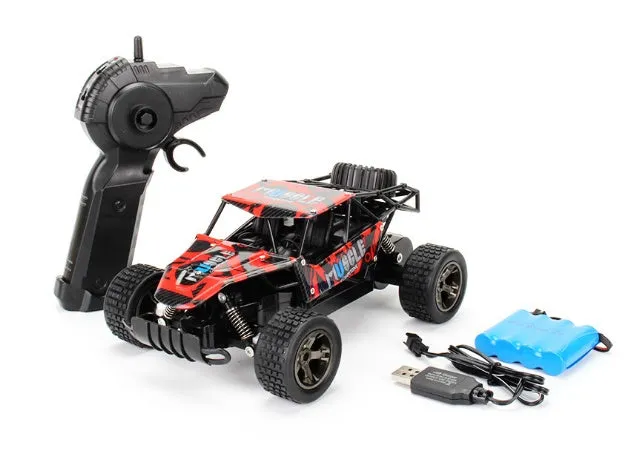 Blue 1:18 scale remote control drift car with 2.4GHz transmitter on black surface