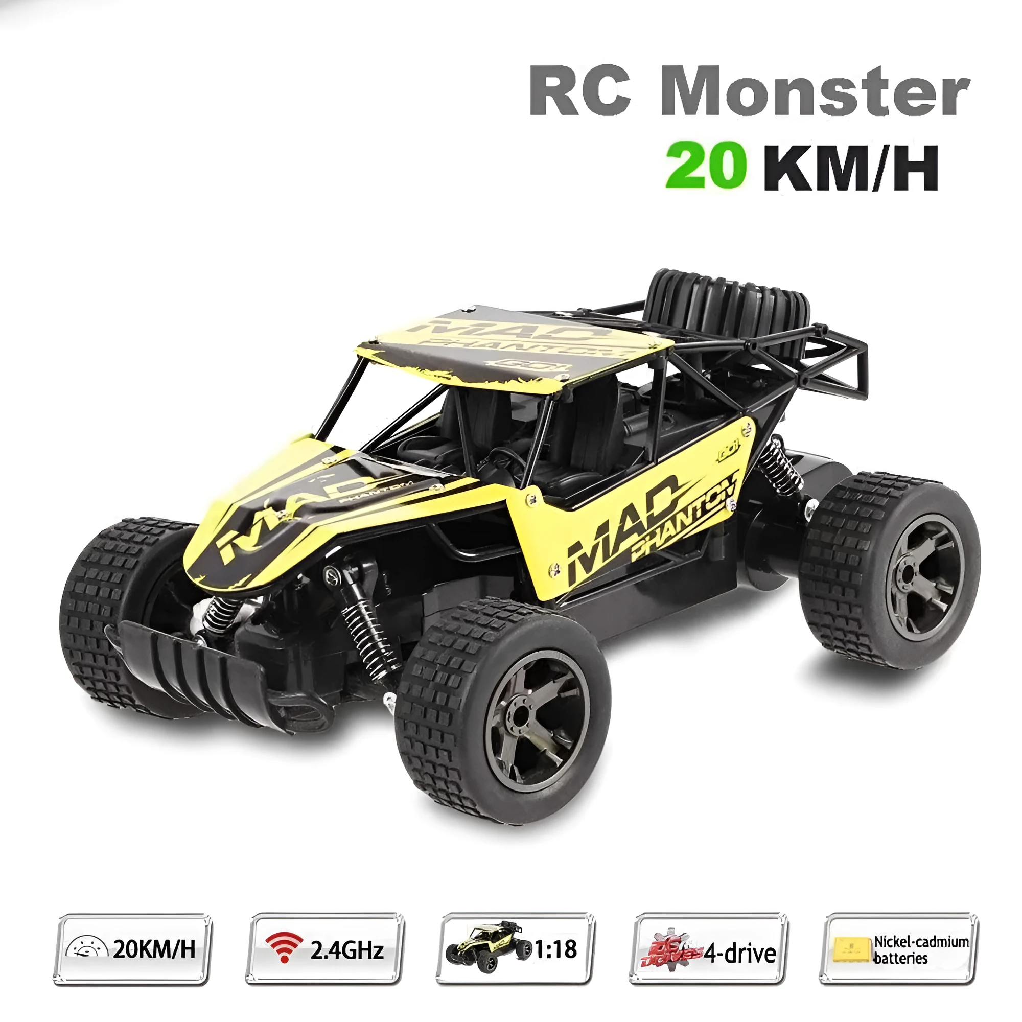 Blue 1:18 scale remote control drift car with 2.4GHz transmitter on black surface