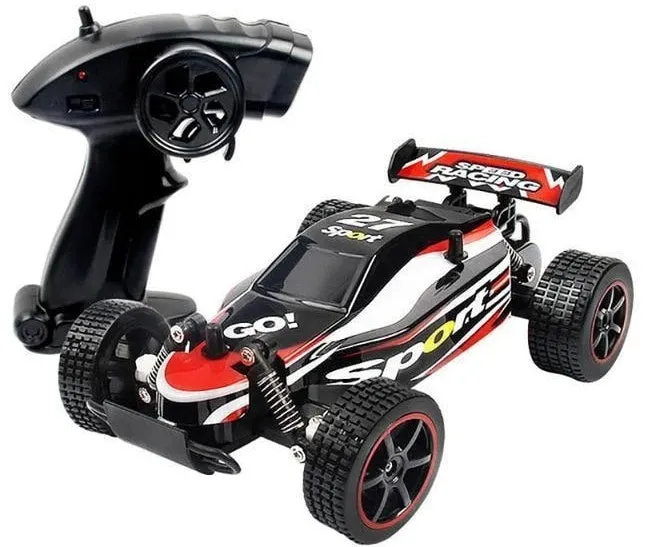 Blue 1:18 scale remote control drift car with 2.4GHz transmitter on black surface