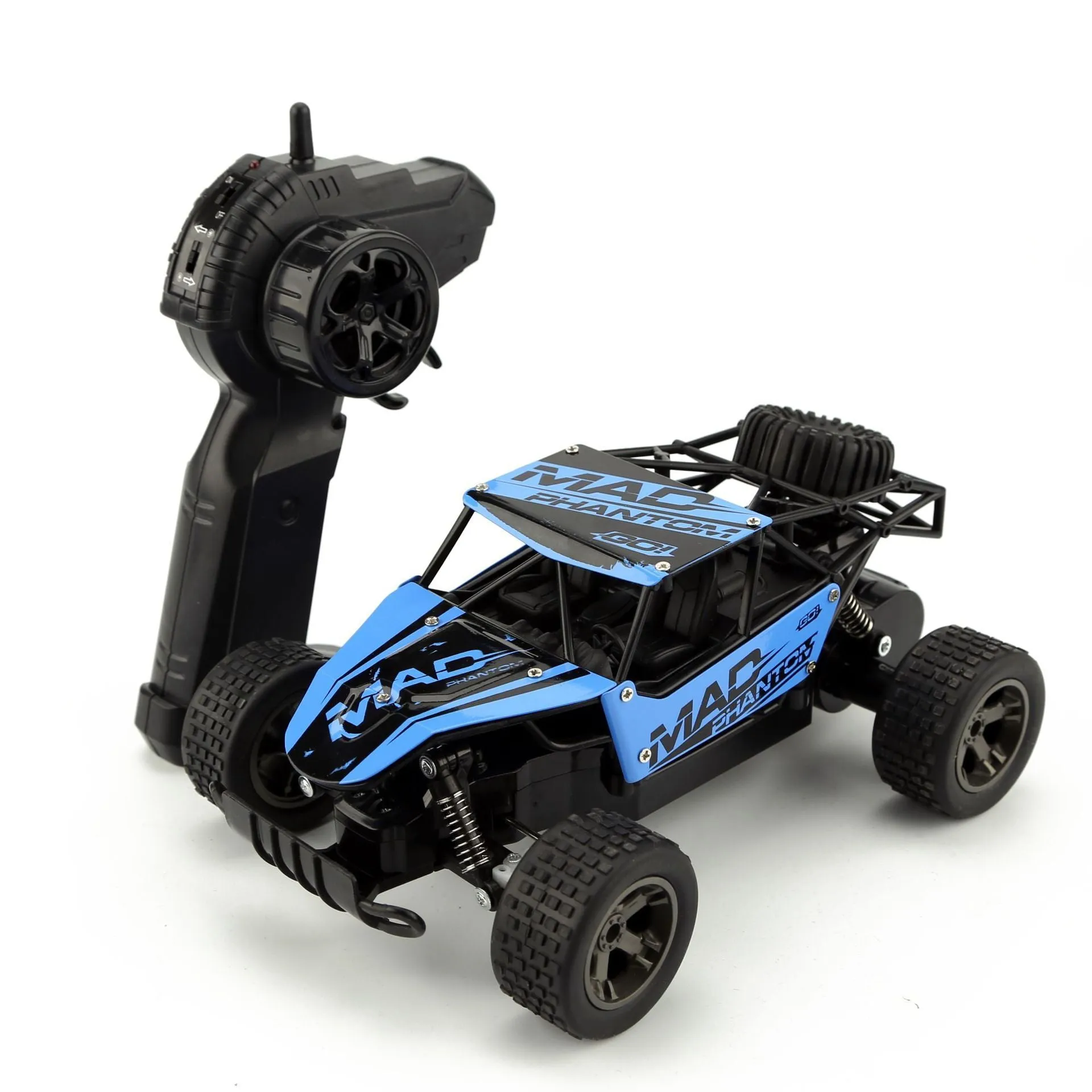 Blue 1:18 scale remote control drift car with 2.4GHz transmitter on black surface