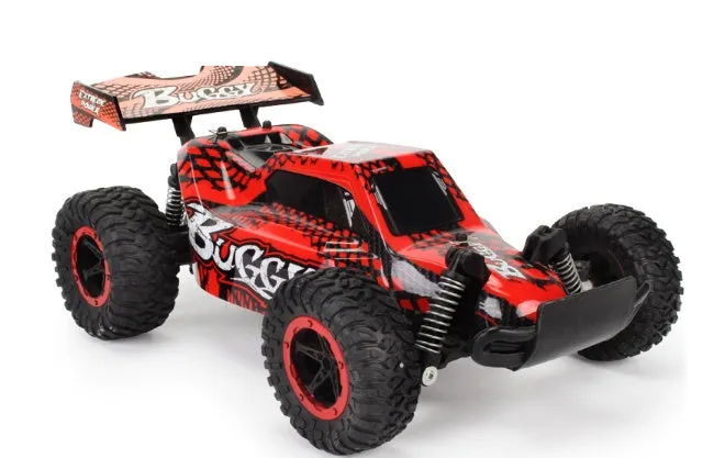 Blue 1:18 scale remote control drift car with 2.4GHz transmitter on black surface