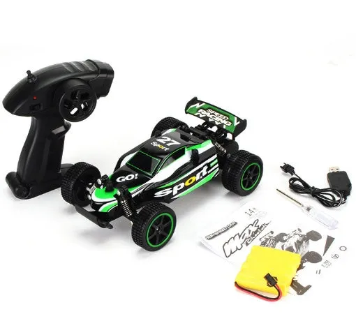 Blue 1:18 scale remote control drift car with 2.4GHz transmitter on black surface