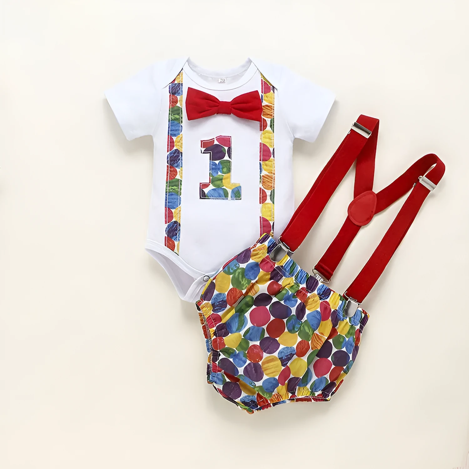Cotton baby romper set with dinosaur print in blue or green, shorts length with ruffles and straps