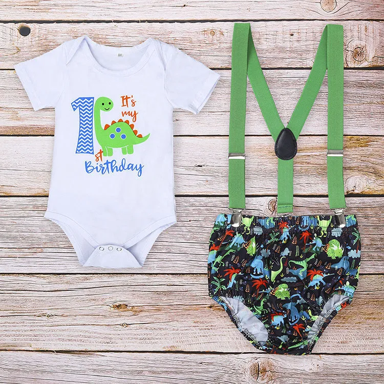 Cotton baby romper set with dinosaur print in blue or green, shorts length with ruffles and straps