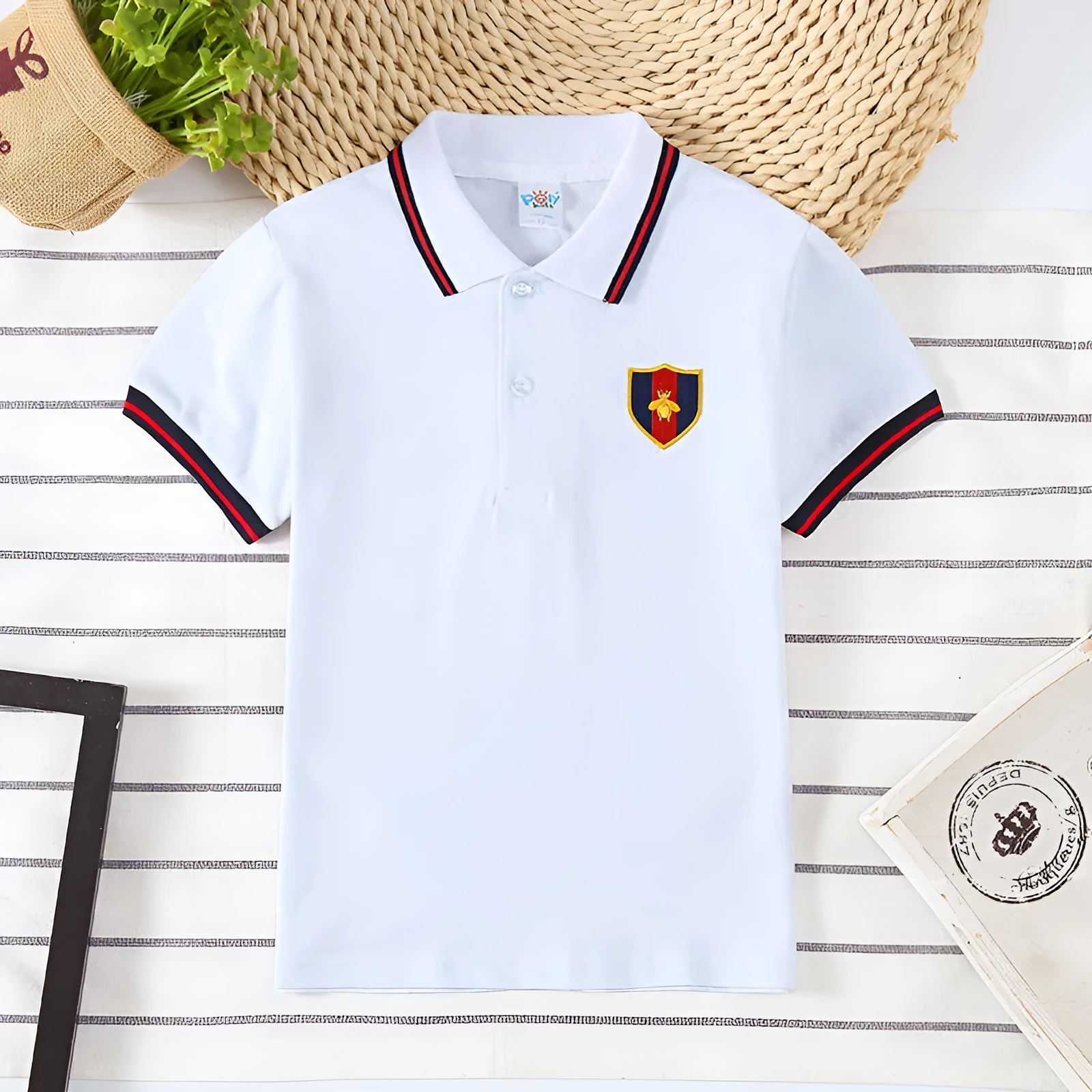 Boys' short sleeve cotton t-shirt in red, navy, yellow or off-white colours