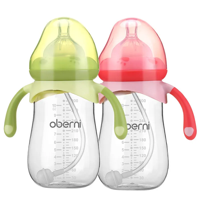Wide caliber baby feeding bottle with anti-colic valve and handle in blue, green or red colours