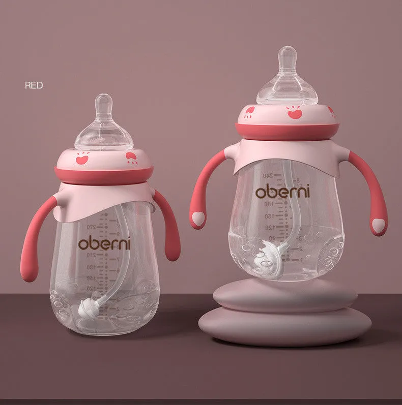 Wide caliber baby feeding bottle with anti-colic valve and handle in blue, green or red colours