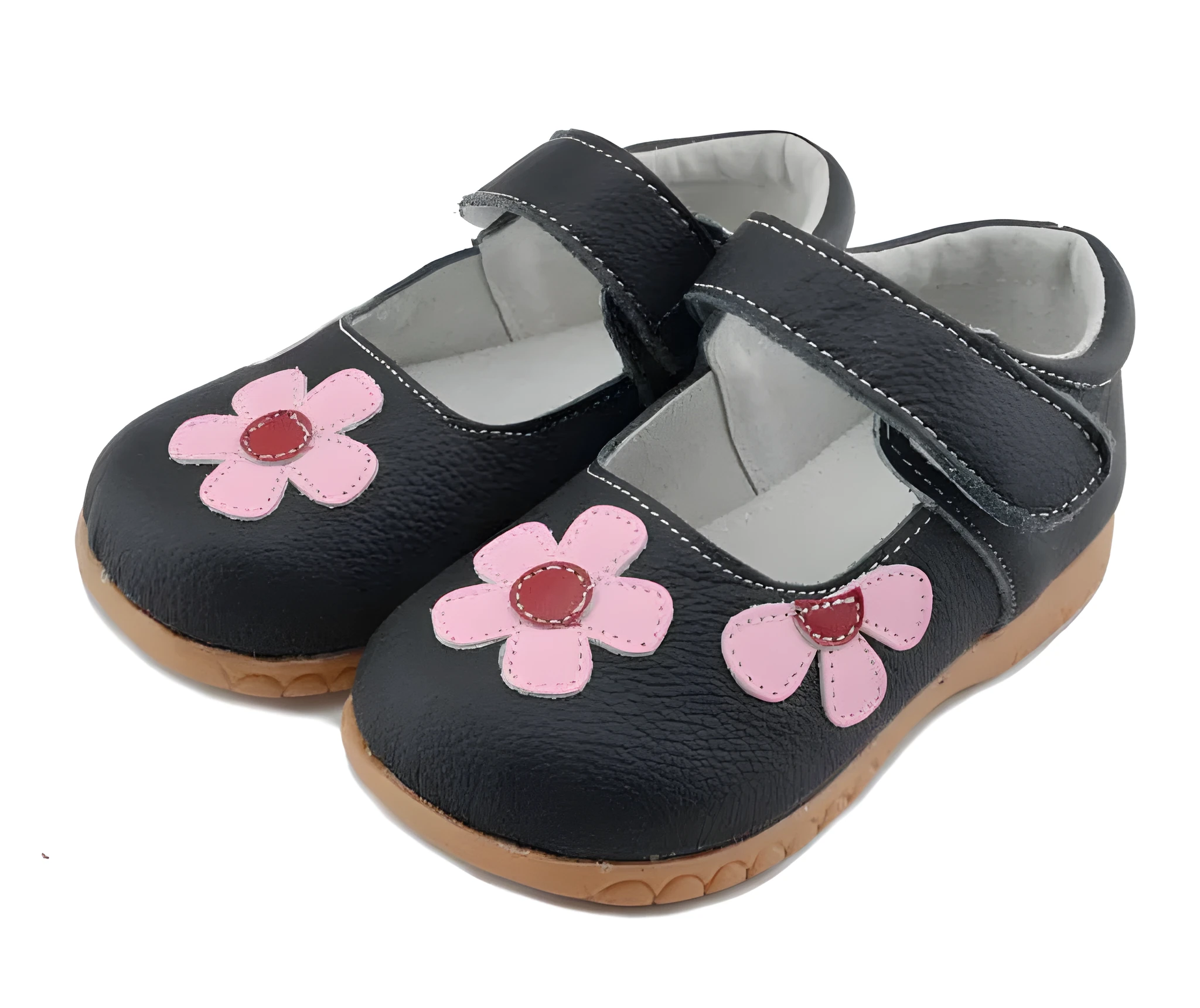 Children's leather princess shoes with Velcro fastening and embroidery detail