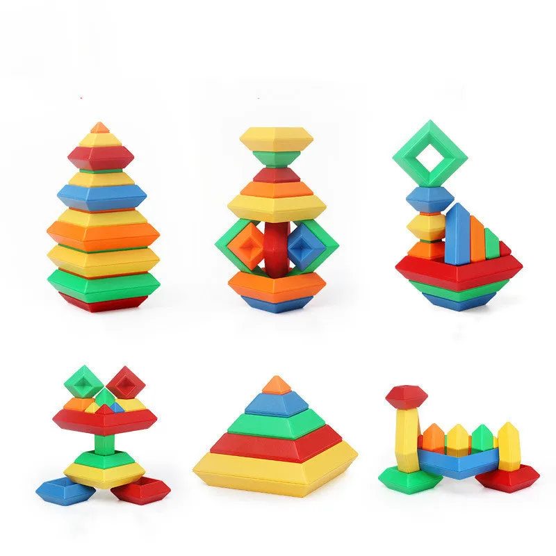 Kids rainbow tower ring wooden jenga style building blocks set with three coloured plastic towers for shape and colour learning