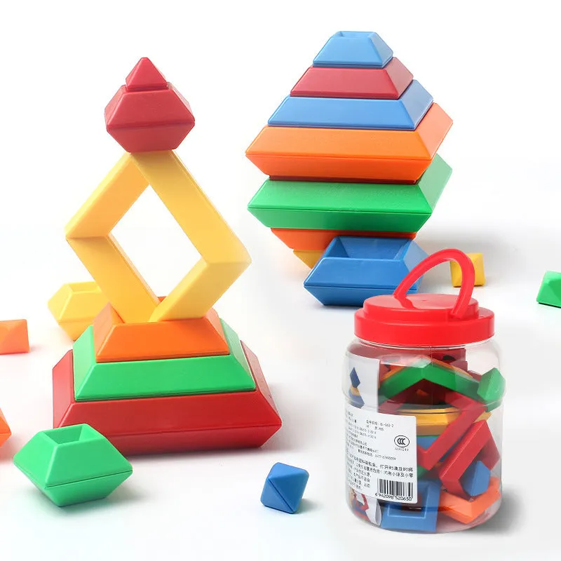 Kids rainbow tower ring wooden jenga style building blocks set with three coloured plastic towers for shape and colour learning