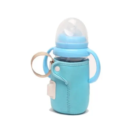 Blue USB-powered baby bottle warmer sleeve on a milk bottle showing USB cable.