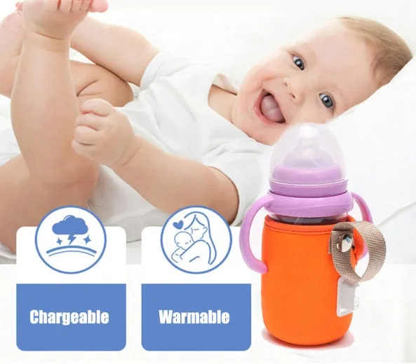 Blue USB-powered baby bottle warmer sleeve on a milk bottle showing USB cable.
