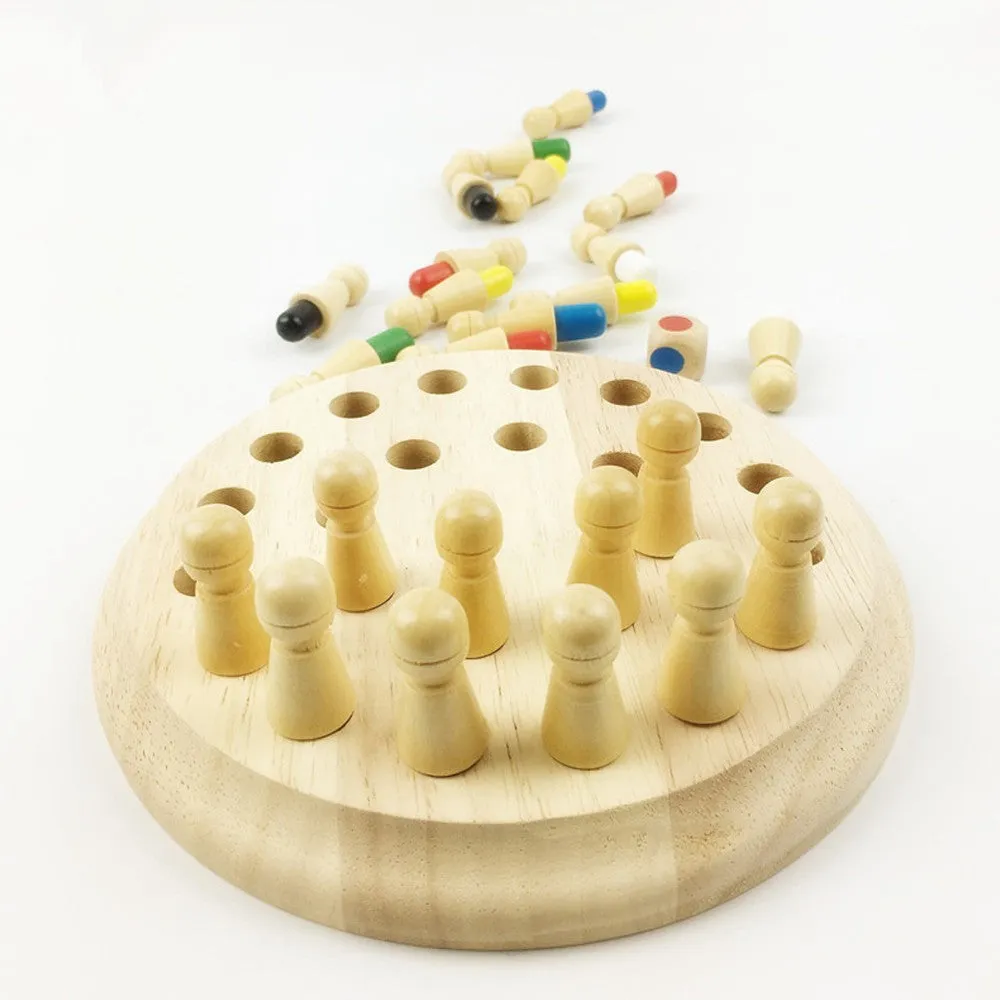 Montessori beech wood memory match stick chess game with green pieces on a wooden board.