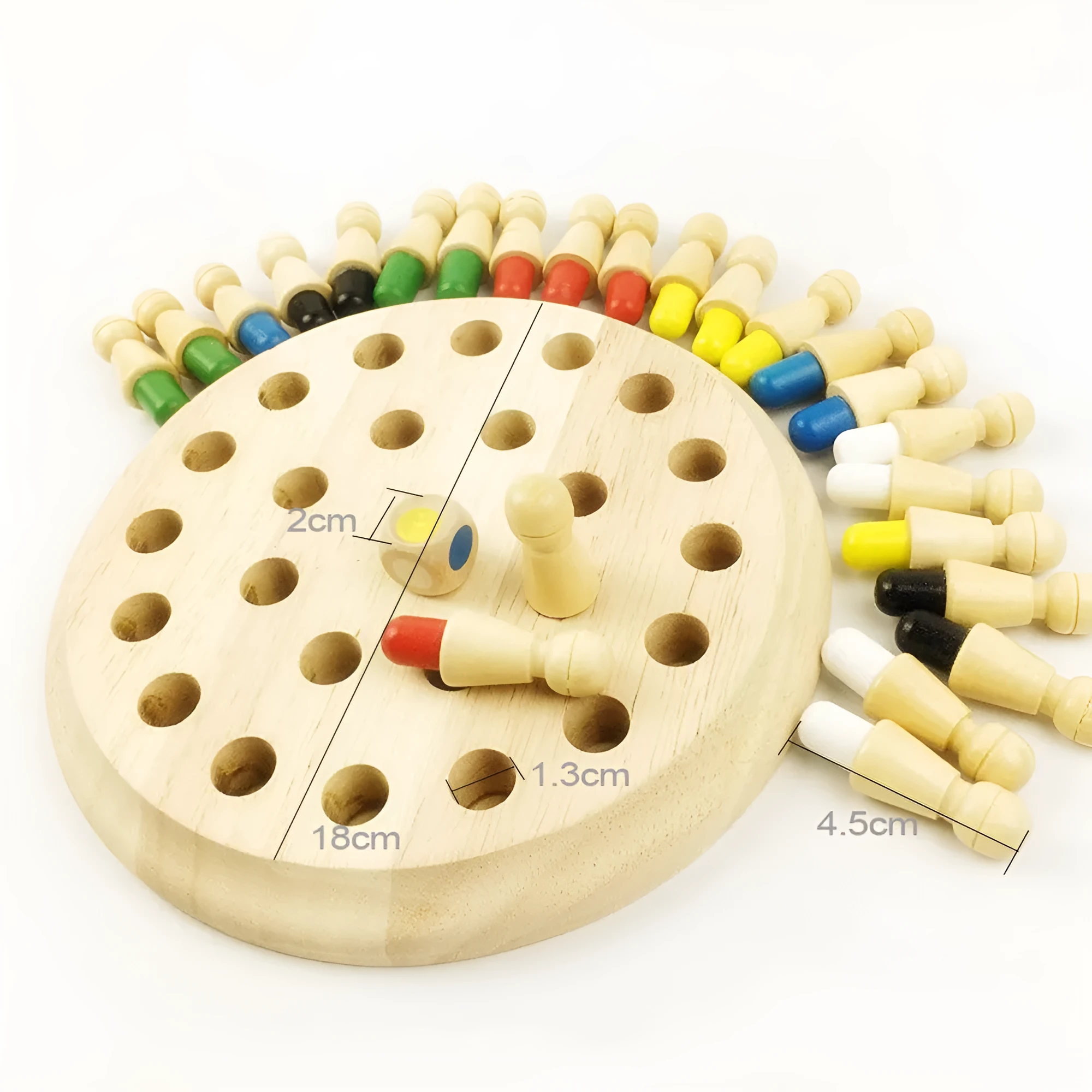 Montessori beech wood memory match stick chess game with green pieces on a wooden board.