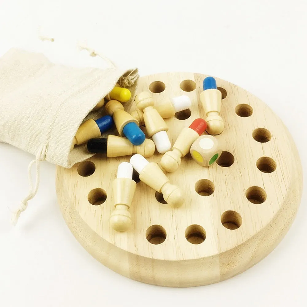 Montessori beech wood memory match stick chess game with green pieces on a wooden board.
